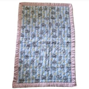 Vintage Handmade Crib Baby Blanket Pink Satin Trim Elephant